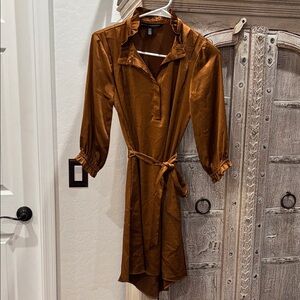 White House Black Market Rust Brown Ruffle-Collar Belted Shirt Dress